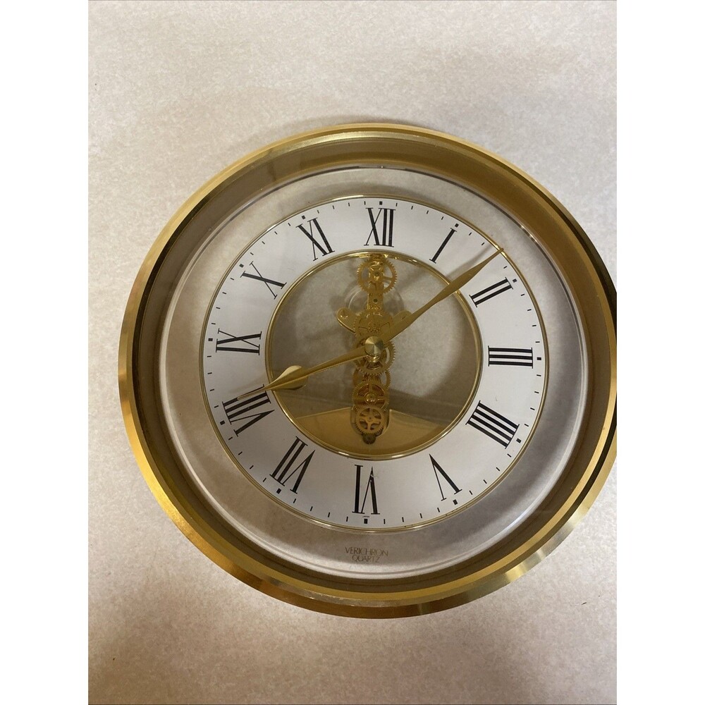 Verichron Wall Clock Skeleton Quartz Vintage Gold Brass Mechanism Roman Numerals